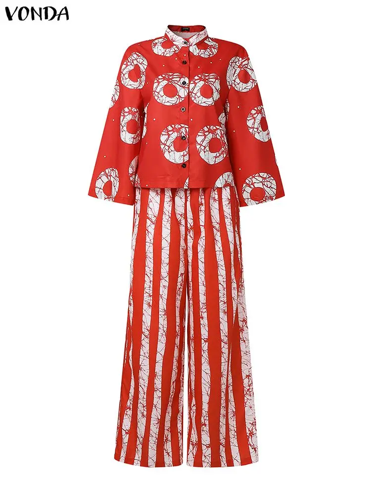 فوندا حجم كبير بانت مجموعات النساء البوهيمي 2 قطعة وتتسابق الخريف 3/4 كم قمصان الموضة بنطال ذو قصة أرجل واسعة طباعة خمر 2 قطعة 5XL #1