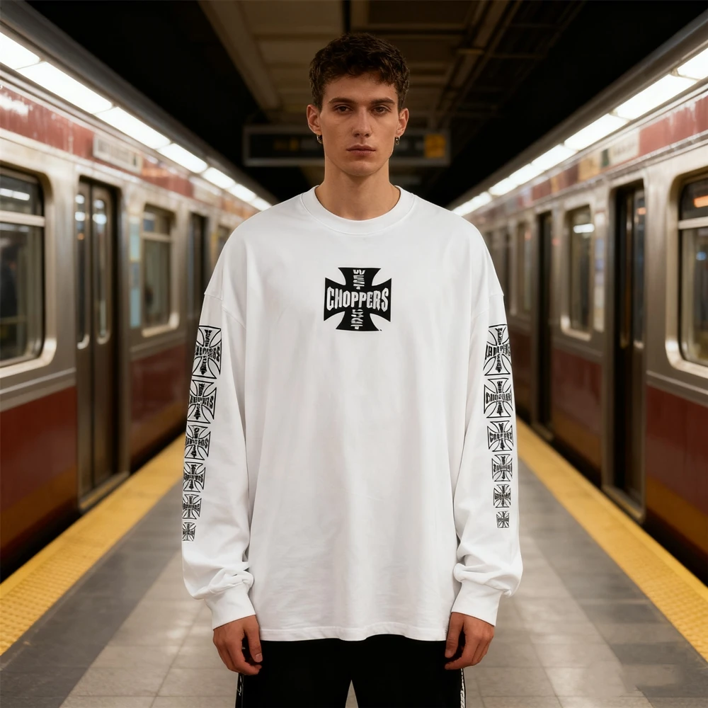 

KUCLUT 1:1 Fashion Luxury Brand American Style Printed Tee Oversize Long Sleeves 100%Cotton Tops Loose Vintage T Shirt Men