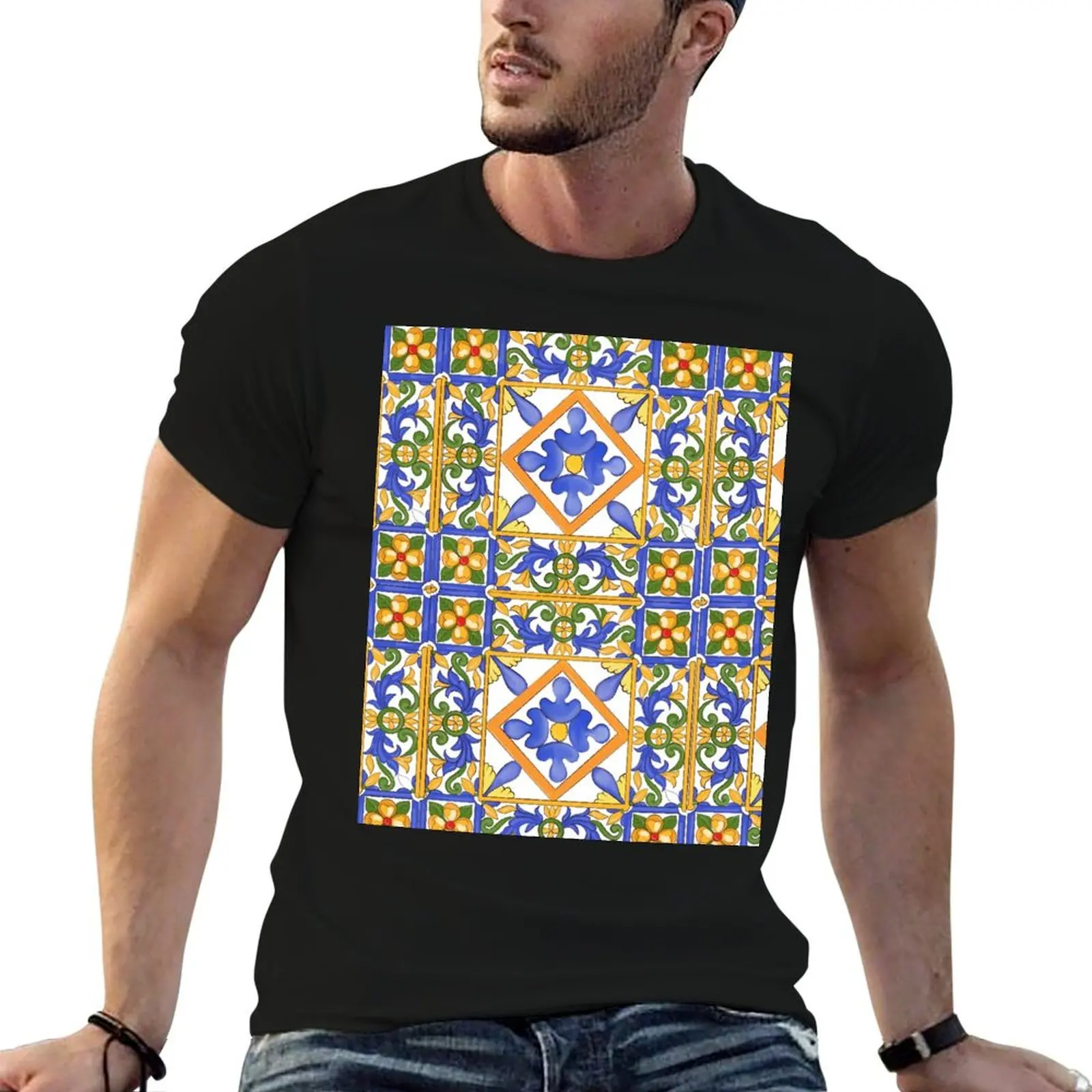 

Citrus,Sicilian style summer decor pattern T-Shirt oversizeds aesthetic clothes customizeds plain mens graphic t-shirts