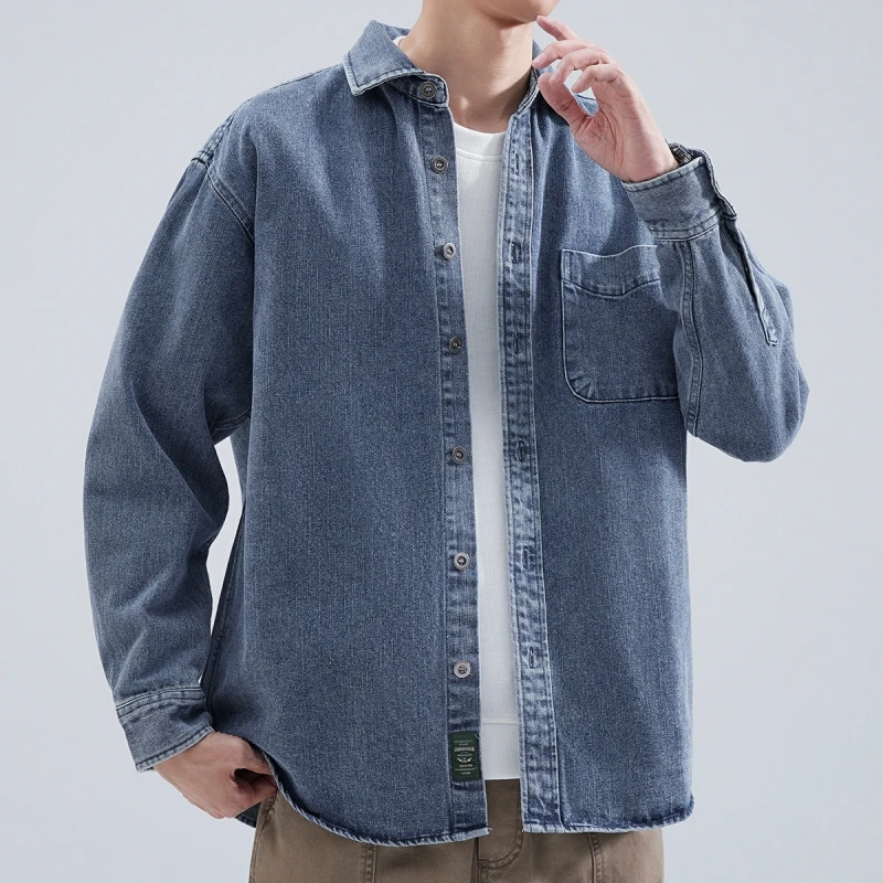 Camicia di jeans da uomo a maniche lunghe 2025 Camicia da lavoro allentata retrò giapponese primaverile e autunnale, giacca casual da ragazzo