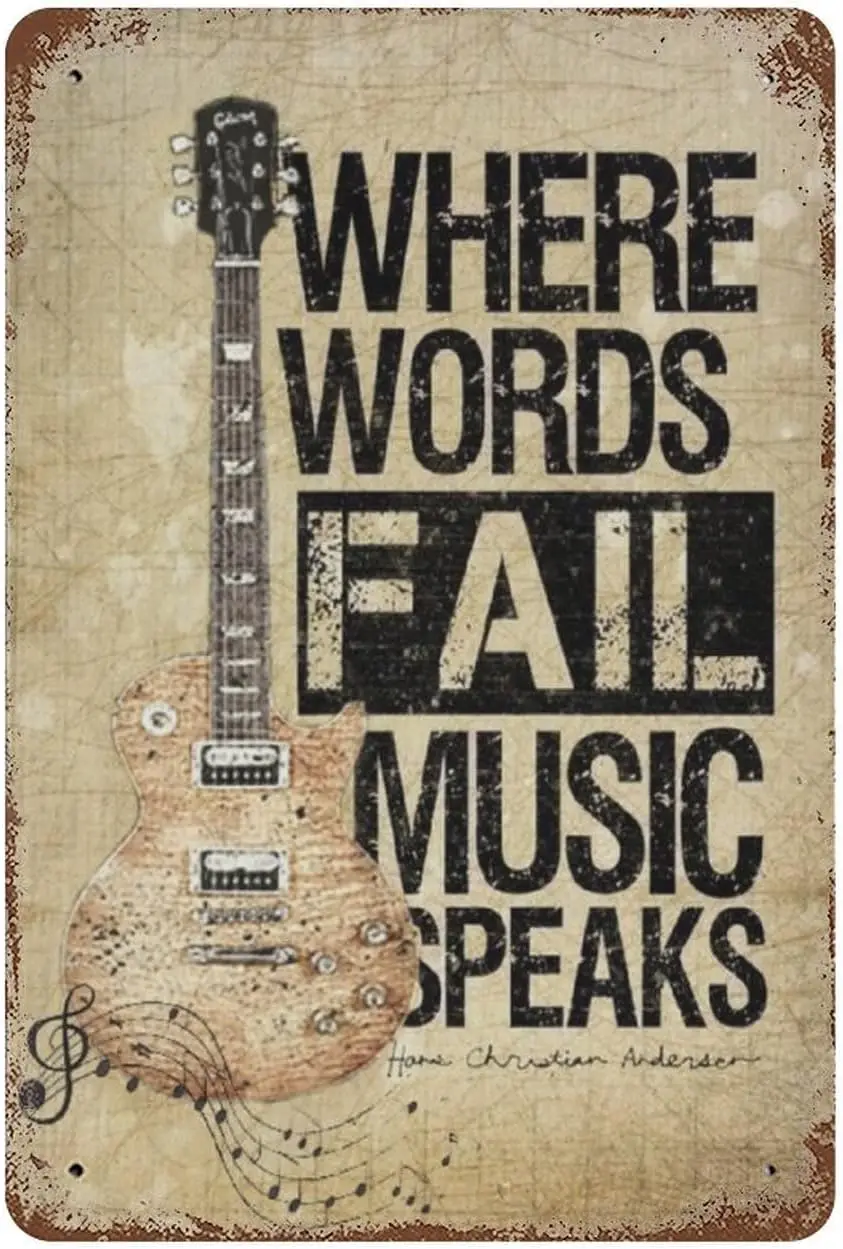 LEIZENTIN Vintage Tin Sign Guitar Where Words Fail Music Speaks Home Bar Poster Wall Decor Retro Metal Sign 8x12inch