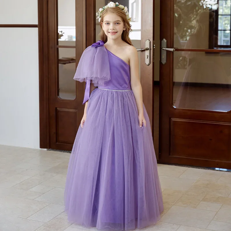 Sukienka dla dziewczynki na wesele, tiulowa, z koralikami, na jedno ramię, z kokardą, do ziemi, sukienka księżniczki, sukienki na przyjęcie urodzinowe dla dzieci, szyte na miarę.