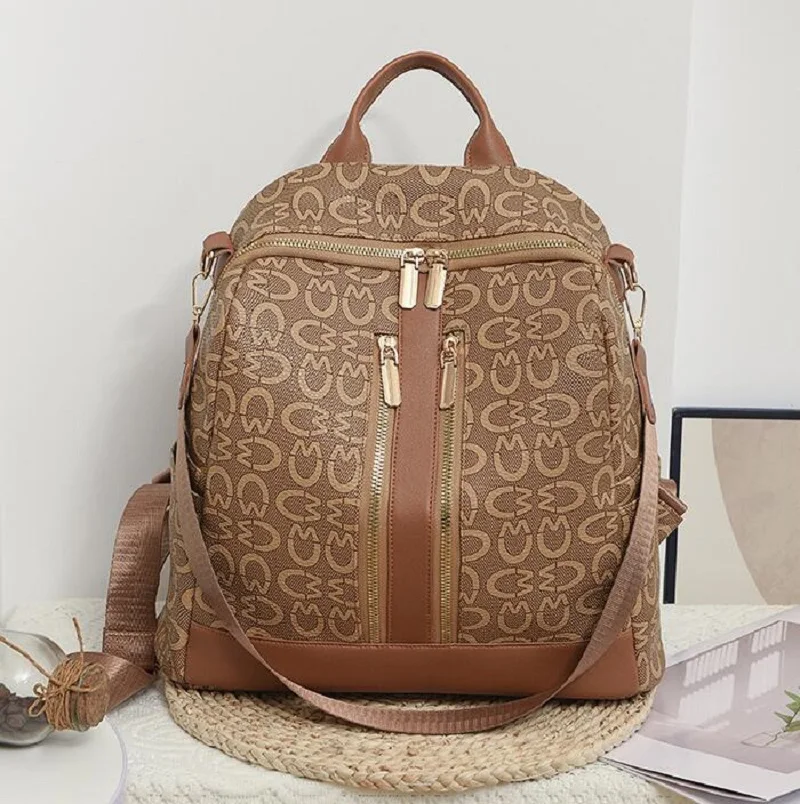 

2026 New Korean Fashion Printed Designer Leather Travel Backpacks Women's Vintage Large Capacity Shoulder Bags Totes School Bag