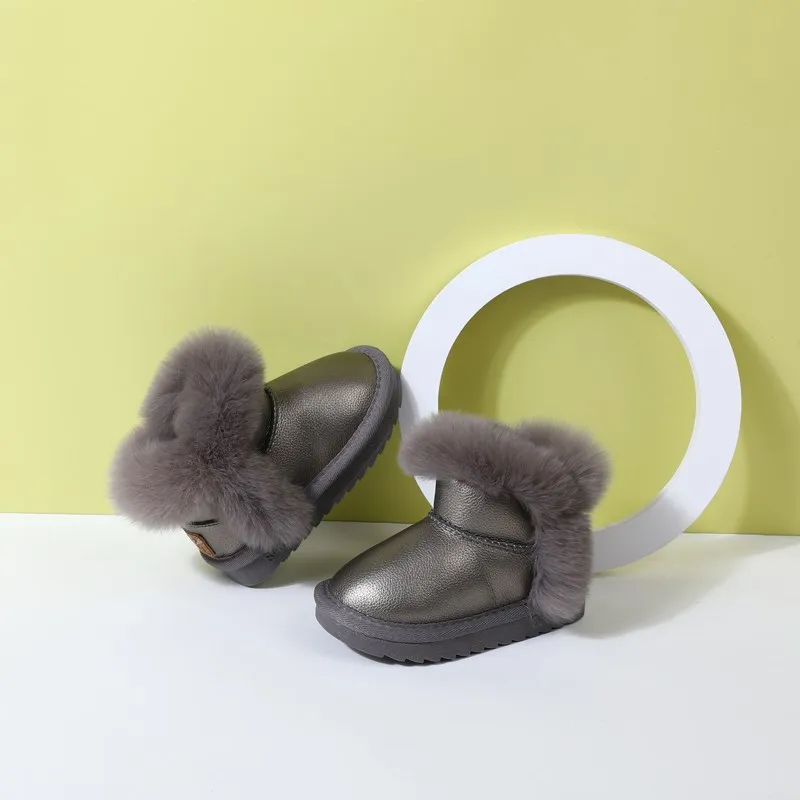 Botas de invierno para niñas, zapatos de princesa de cuero cálidos de felpa de algodón para niños, zapatos antideslizantes de moda para bebés de 15