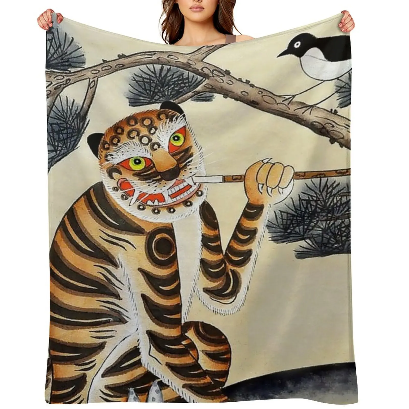 Korean Minhwa Tiger with Pipe Throw Blanket Soft Soft Plaid Thermals For Travel Luxury Brand Blankets