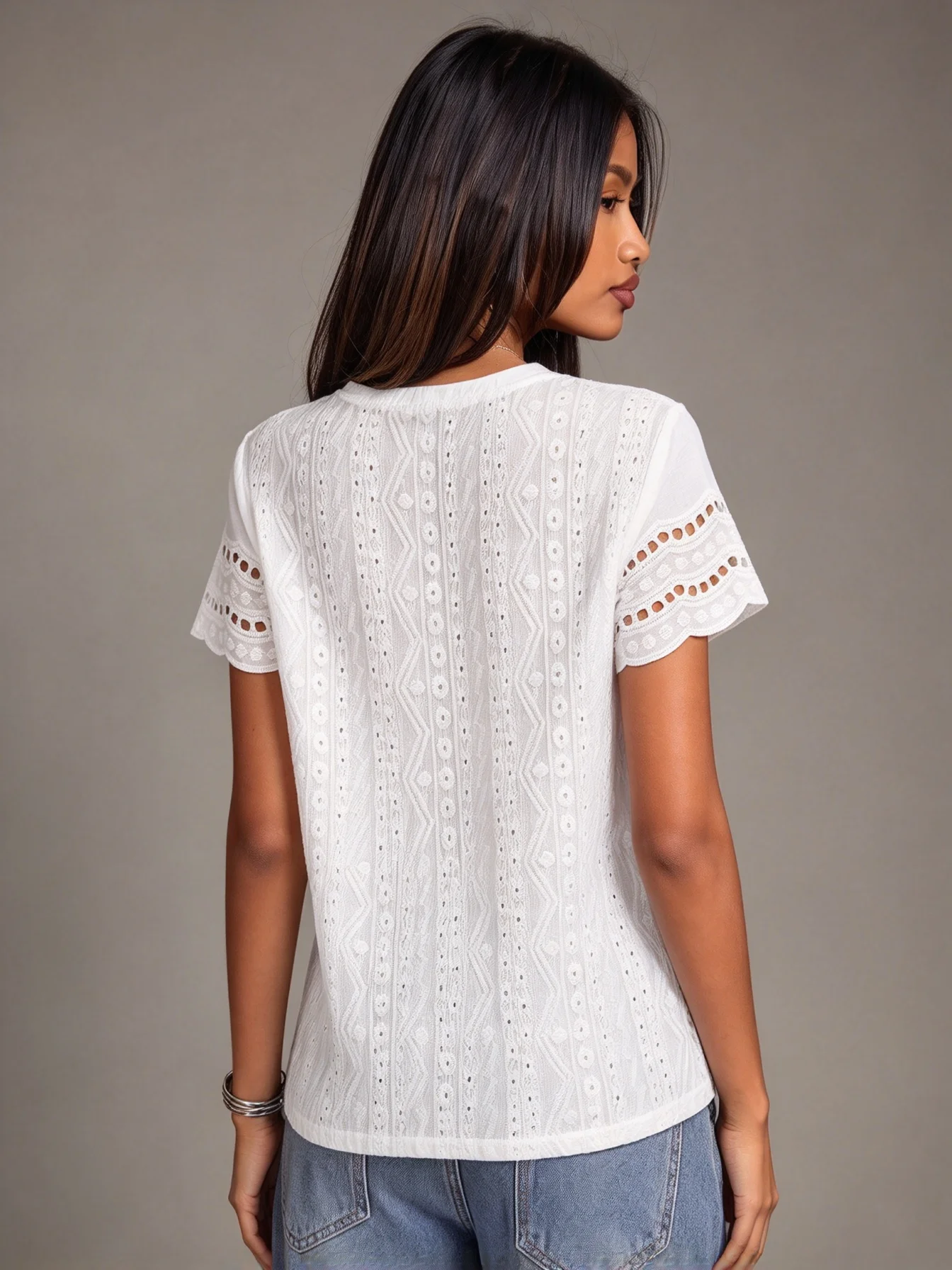 Women Crew Neck Eyelet Embroidery Short Sleeve Top Scalloped Hollow Out Blouse Loose Casual Shirt