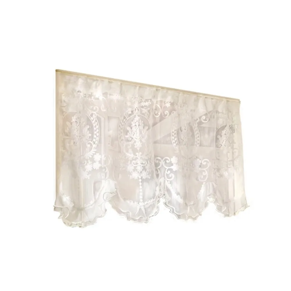 

Embroidered Ruffled Lace Short Sheer Curtain Double Pearls Lace Bottom Wavy Edge Beaded Half Yarn Drapes Easy To Install