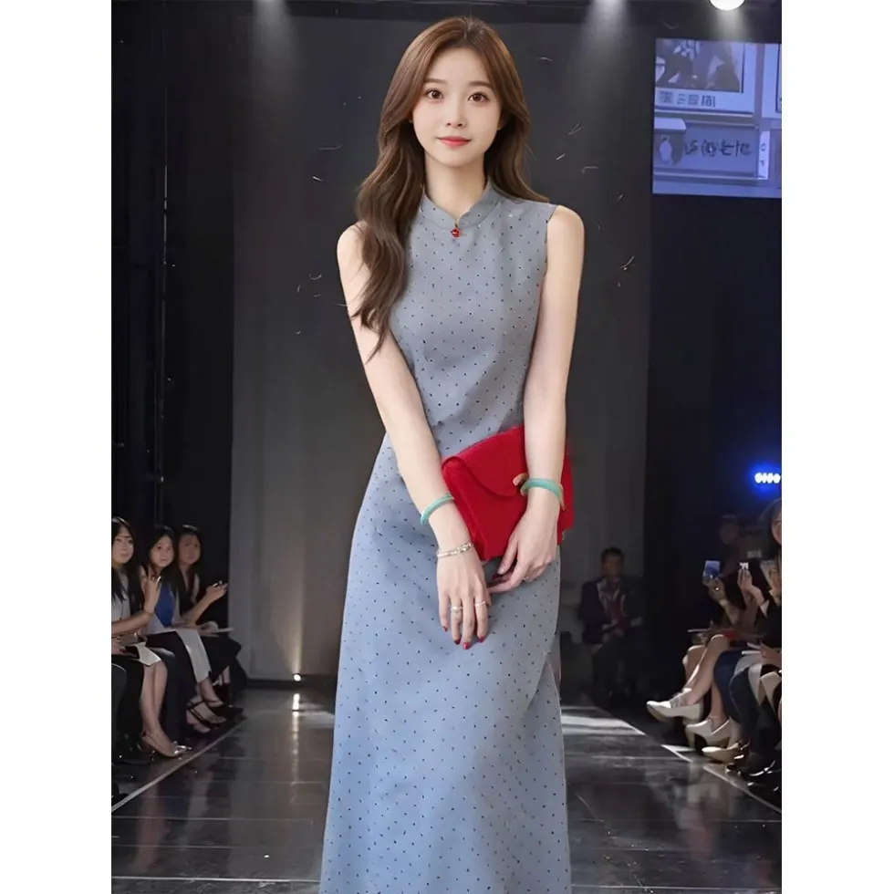 

Новое китайское платье-футляр в винтажном стиле, элегантное, стройнящее, из полиэфирного волокна, с круглым вырезом, летнее