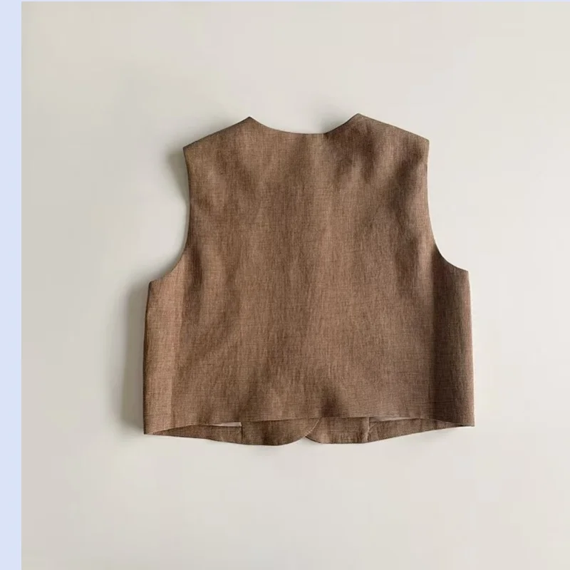 24 year early autumn new handsome and neat linen brown sleeveless temperament short vest top