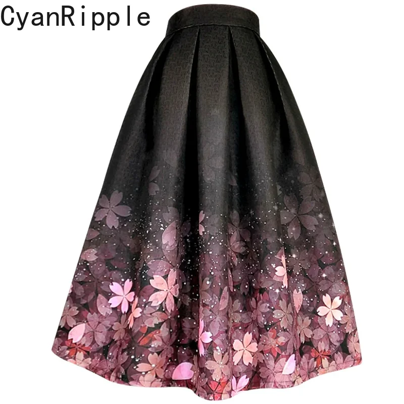 High Quality New Spring Autumn Vintage Printing Women A-line Skirt All-match High Waist Elegant Mid-long Black Umbrella Skirts
