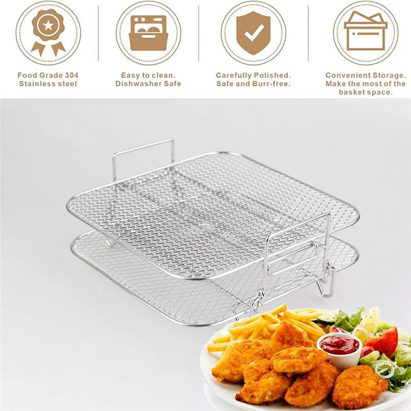 Rak penggoreng udara 2 lapisan, rak pemanggang kisi dapat ditumpuk Stainless Steel untuk 4.2-5,8qt penggorengan udara dapur pengukus Oven