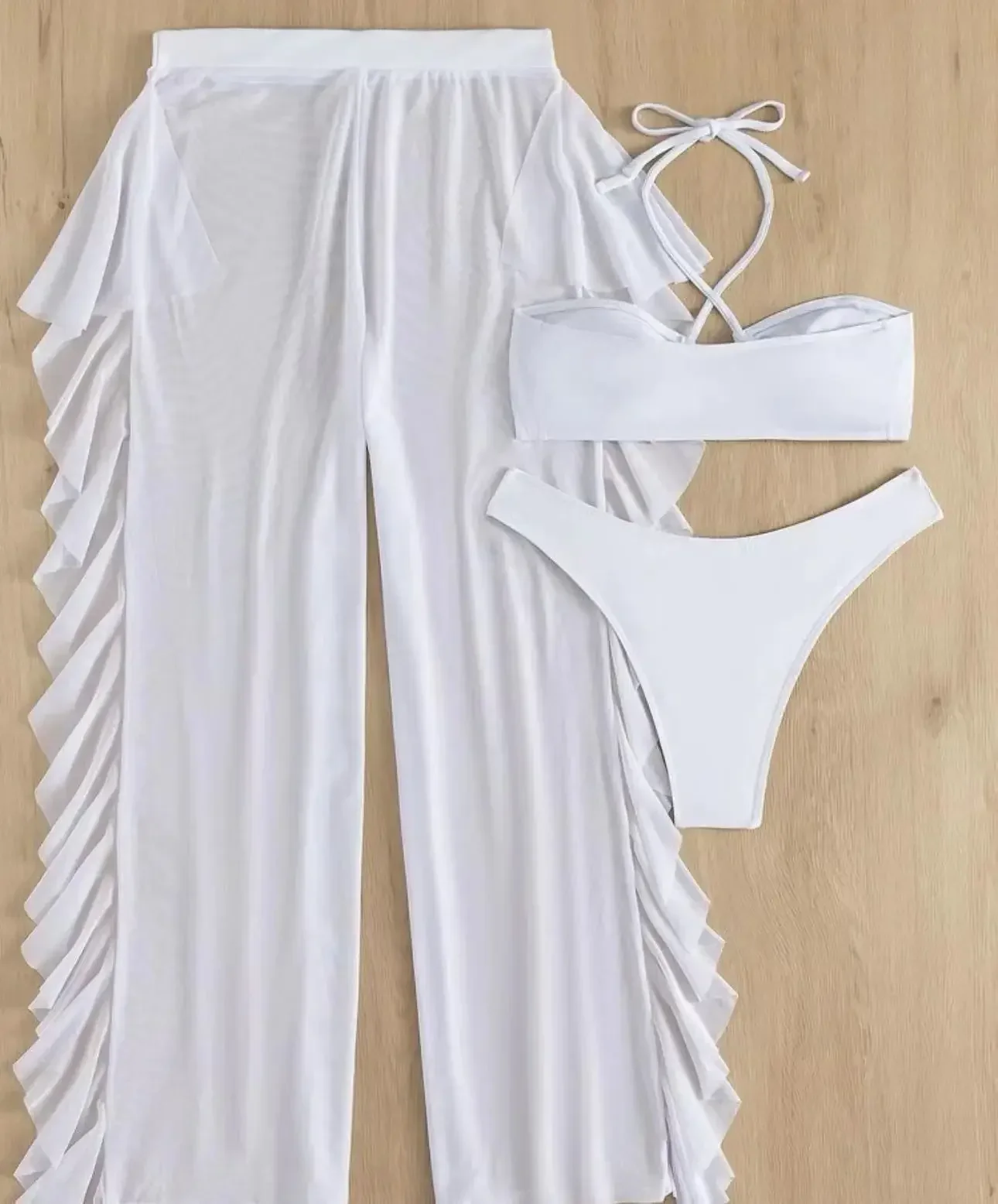 2024 New 3 Pieces Set Swimsuit Women White High Waist Swimwear Cover-Ups Halter Bikini Set With Ruffle Pants Female Bathing Suit