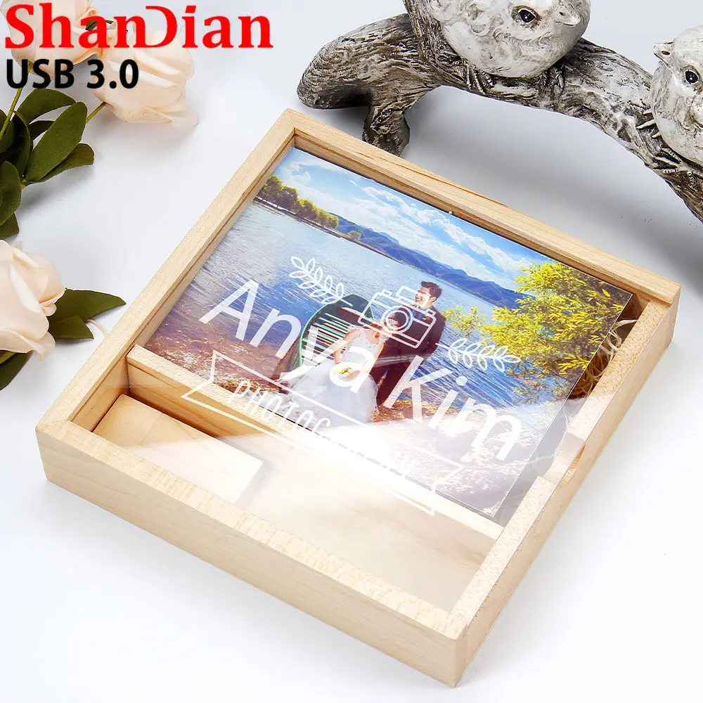กล่องของขวัญรูปอะคริลิคใส USB 3.0 USB แฟลชไดรฟ์ฟรีโลโก้ปากกาไดรฟ์ไม้ความจุจริงหน่วยความจำดิสก์ U 64GB