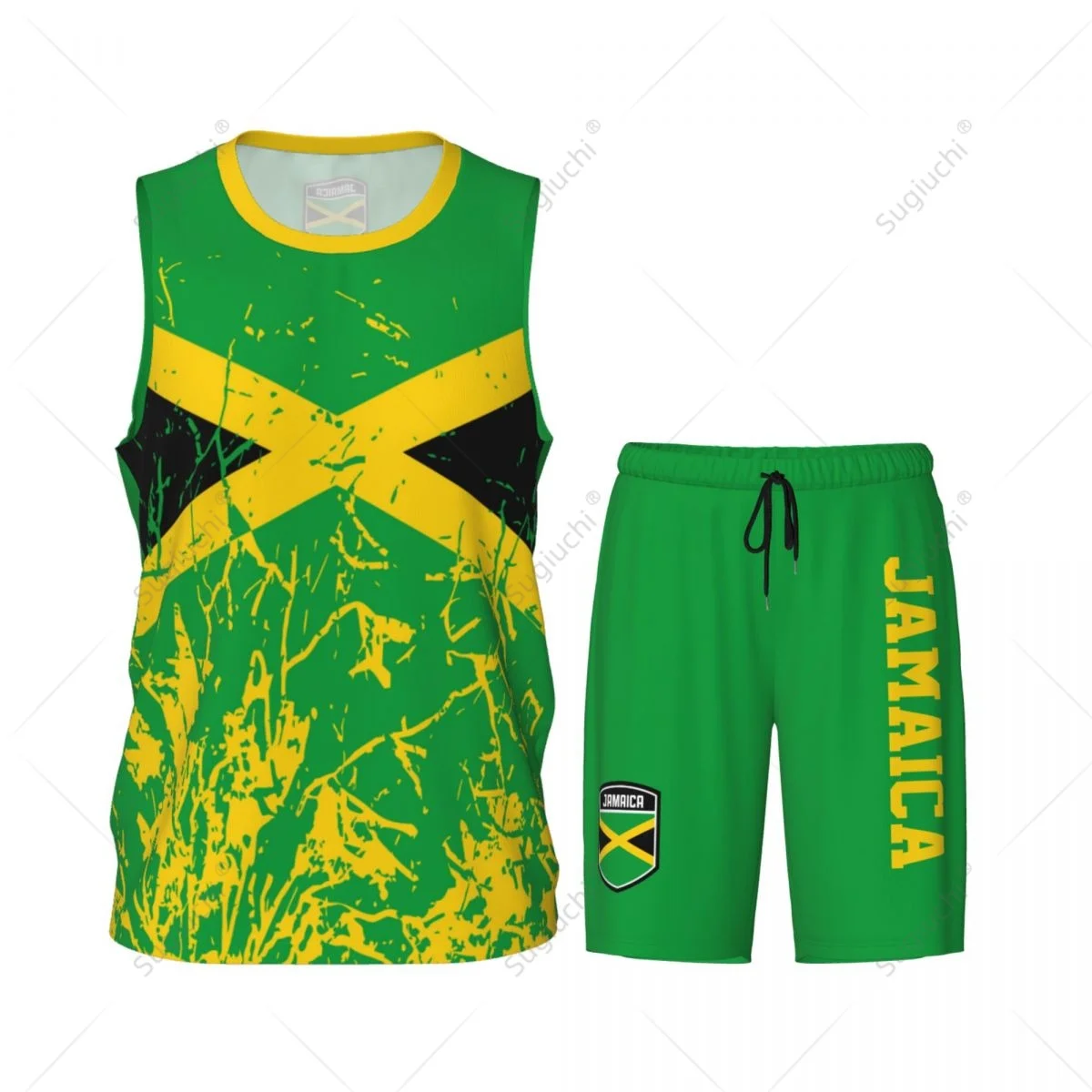 Team-up Jamaica Flag Grain Men Basketball Jersey Set Shirt & Pants Sleeveless Custom Name Nunber Exclusive