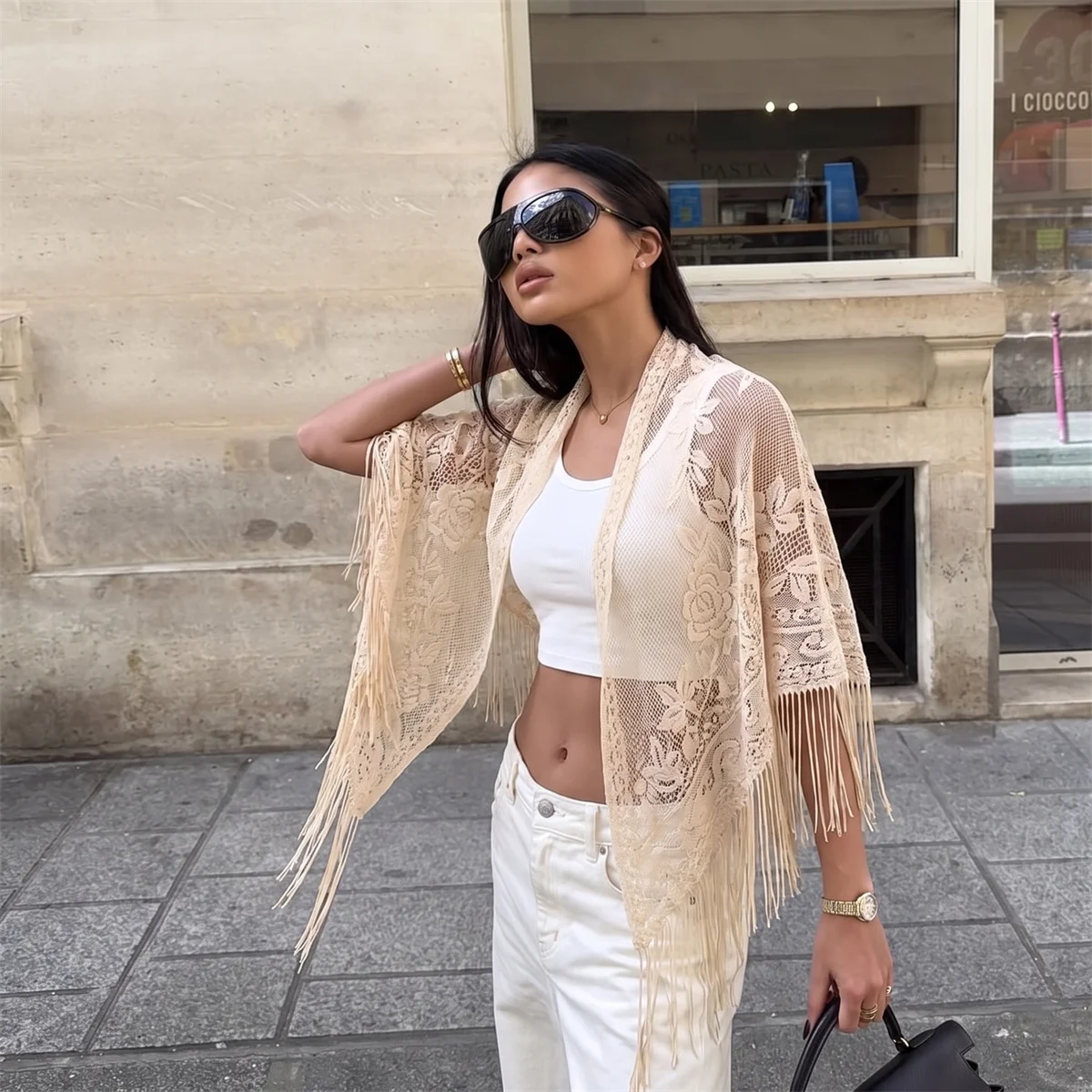 Women Floral Lace Scarf Tassel Shawl Lightweight Sheer Wrap Multi-use Beach Cover Up Scarves Boho Travel Outfit for Party