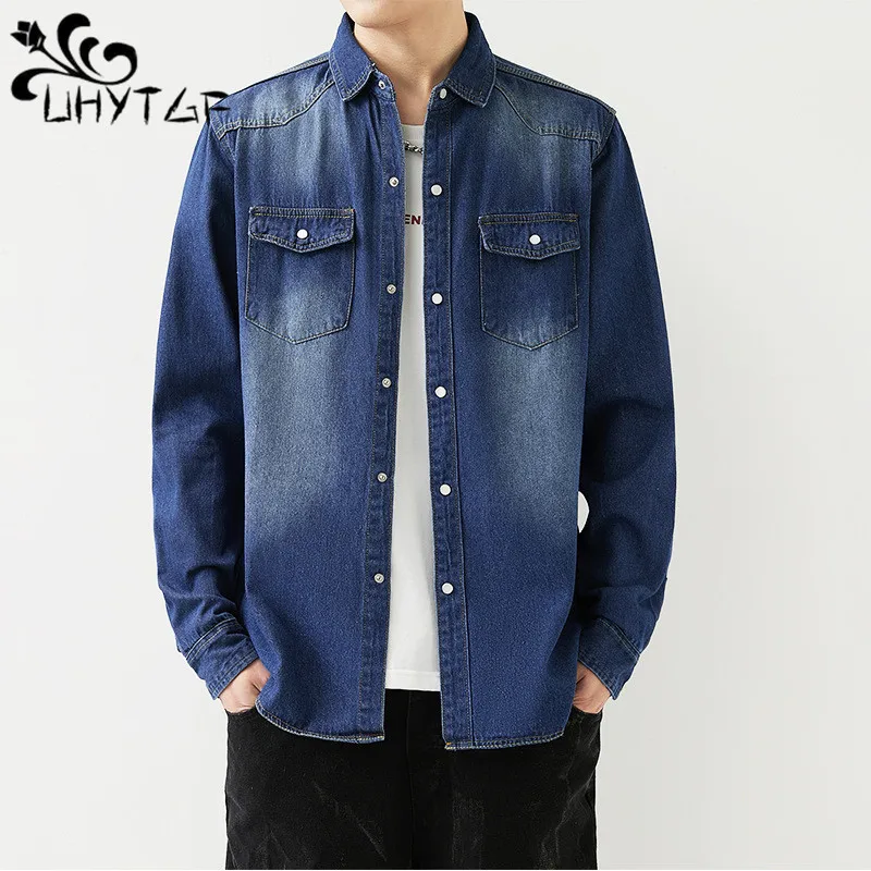 

UHYTGF Spring Autumn Denim Shirt Coat Mens Long-Sleeved Single-Breasted Slim Jeans Jacket Male Tooling Cowboy Blouses Men 4XL302