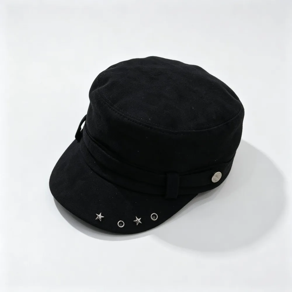 Casual Solid Color Newsboy Peaked Cap Versatile Soft Flat Top Hat Vintage Windproof Metal Rivet Hat Daily