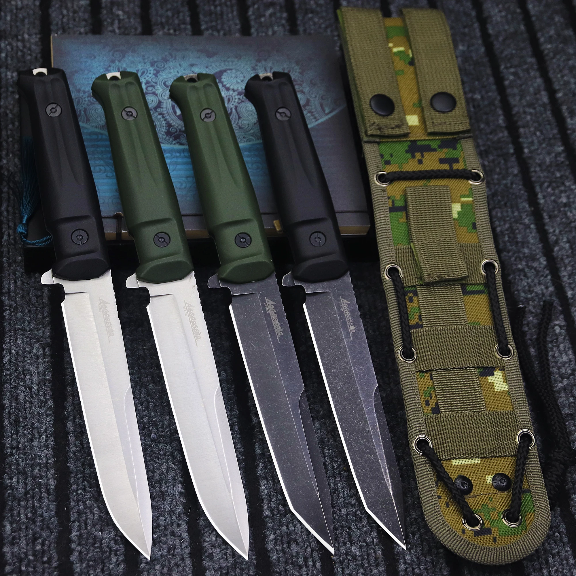 (RU Kizlyar)-D2 steel outdoor hunting Straight Knife + Sheath, Camping EDC survival Knife, jungle rescue knife