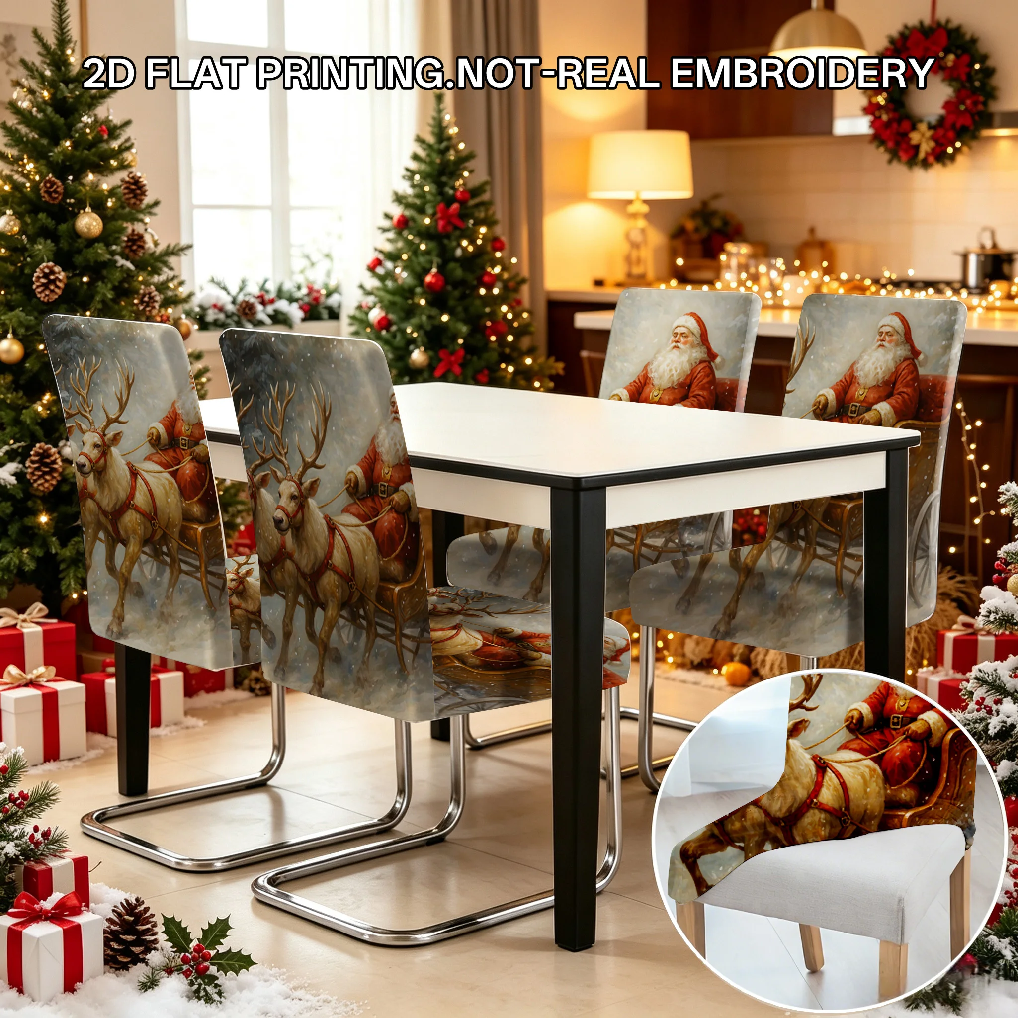 2/4/6PCS Christmas Santa Claus reindeer sleigh painting dining chair cover 2D flat Christmas restaurant holiday decoration