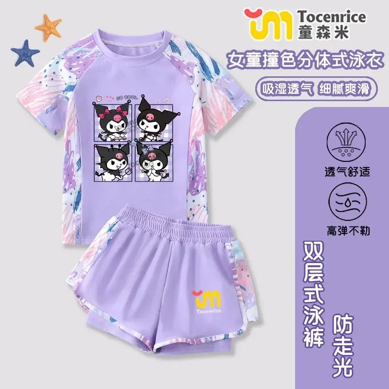 

Новый кавайный купальник для девочек в стиле аниме Sanrio Kuromi, детский комплект с шортами с короткими рукавами, быстросохнущий дышащий солнцезащитный крем с героями мультфильмов, пляжный