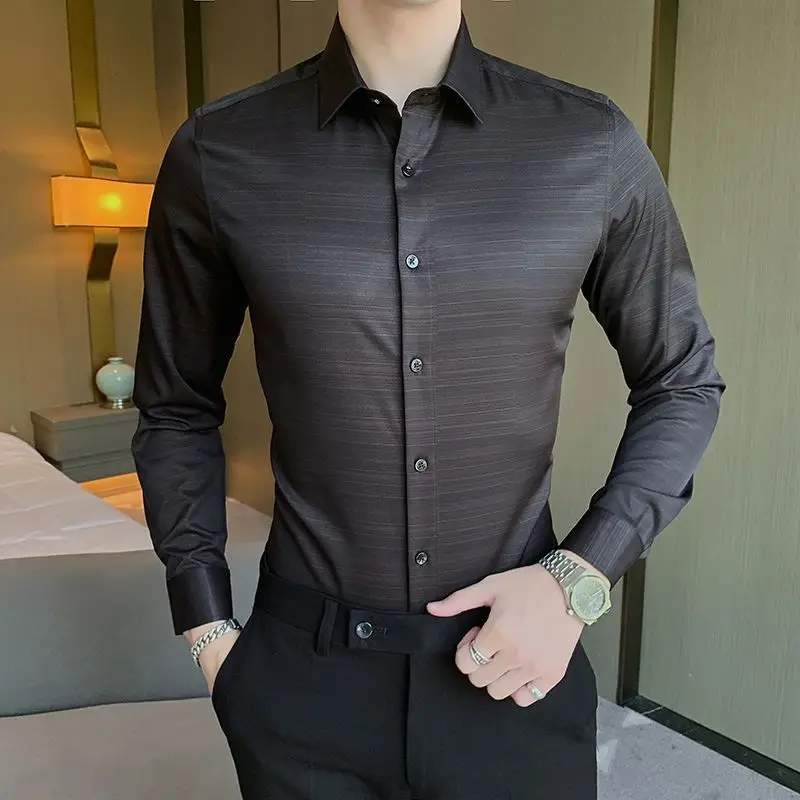 Spring Summer New Smart Casual Korean Trendy Print Stripe Plaid Ice Silk Thin Long Sleeved Shirt Men\'s Neck Button Versatile Top