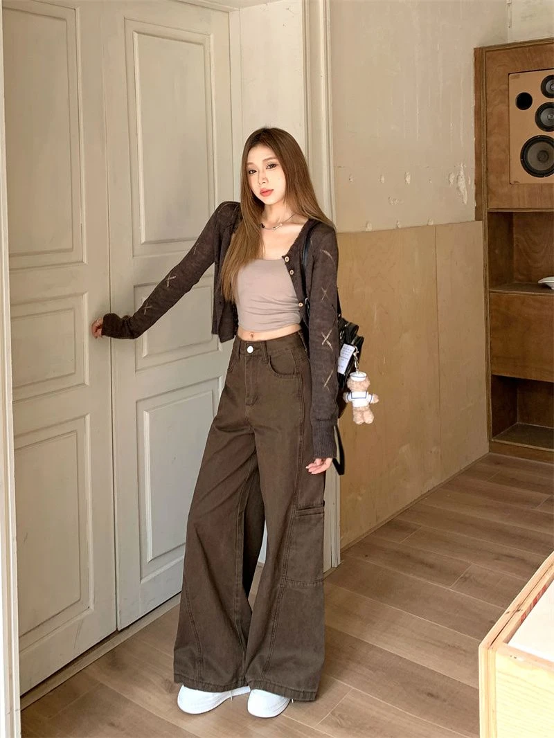 ZHISILAO جينز بني جديد بأرجل واسعة للنساء عتيق Y2k سروال دينم فضفاض غير رسمي ملابس خروج لخريف وشتاء 2025