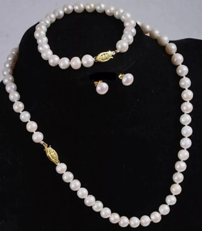 Elegant AAA+8-9mm White Akoya Pearl Necklace Bracelet Earring Set 18 inches