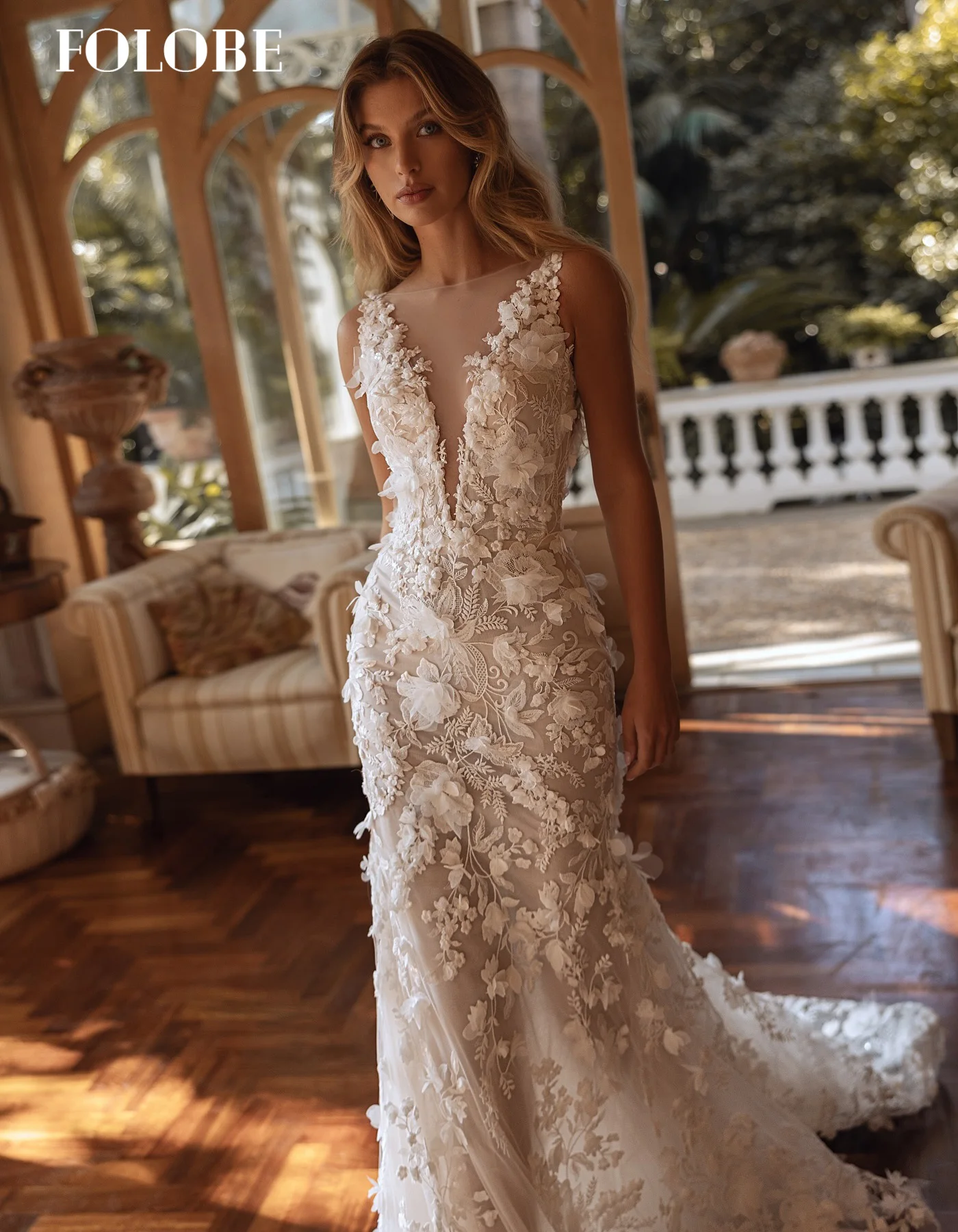 FOLOBE V-ausschnitt Applique Meerjungfrau mit Ärmellose 3D Blumen Braut Ballkleid Hochzeit Party Braut vestidos de noche Angepasst