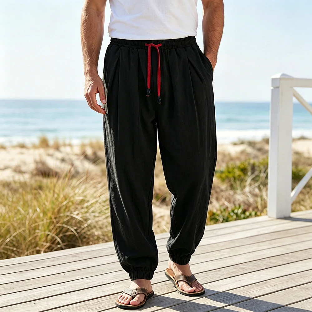 

Men's Casual Long Pants Solid Color Cotton Linen Loose Fit Elastic Wasit Fashion Hip Hop Harem Pants Male Streetwear