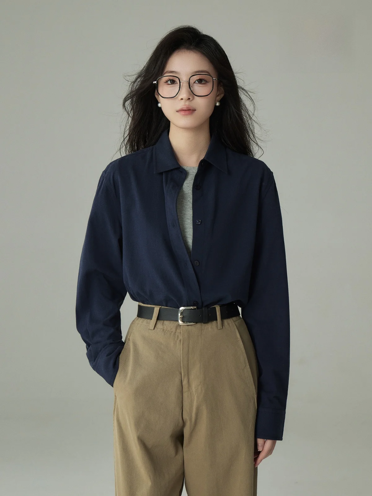 

Classic Blue Long Sleeve Shirt Women's Spring Autumn Commute Design Slimming Layering Business Casual Straight Cut V-Neck