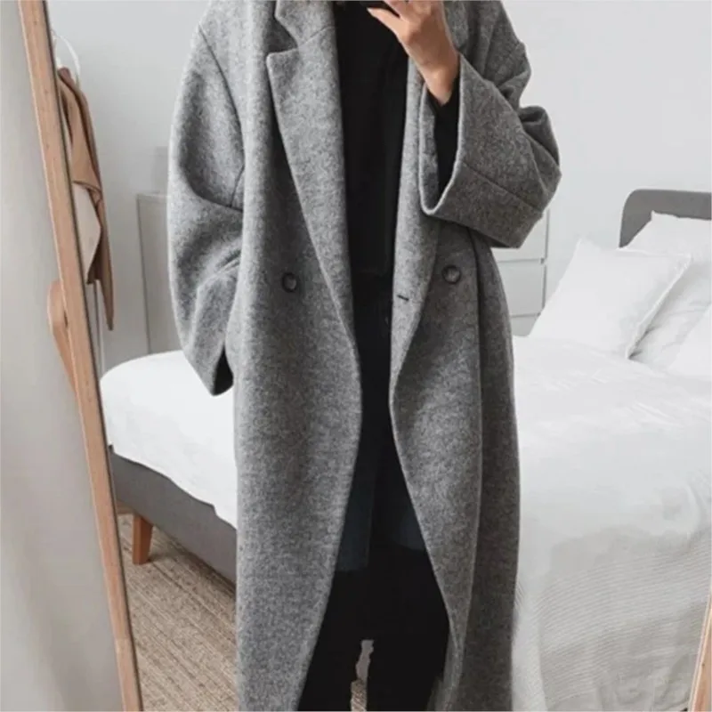 

Women Autumn Winter Woolen Coats Ladies Single Breasted Long Sleeve Pockets Maxi Coat Ladies Outerwears Jackets