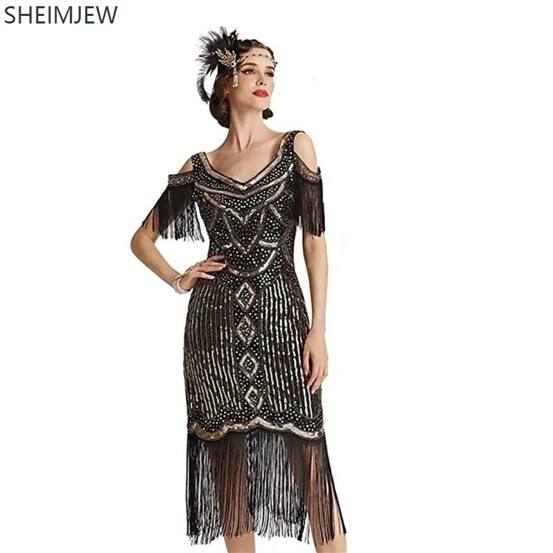 1920s Vintage Women's Sequined Fringe Dress Off Shoulder Party Gown Halloween Cosplay Stage Sequined Court Party Skirt Outfit