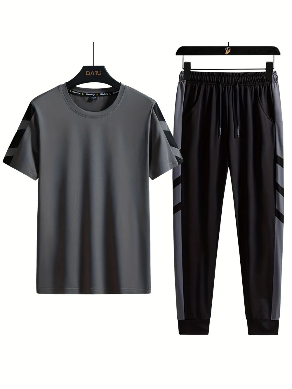 Summer men's new striped printed men's polyester breathable round neck T-shirt and pants set outdoor casual wear