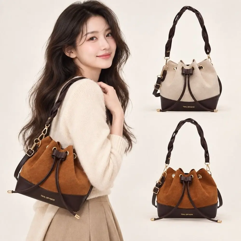 Fashion Lightweight Suede Bucket Bag Simple Casual Crossbody Handbag Versatile Shoulder Bag For Women