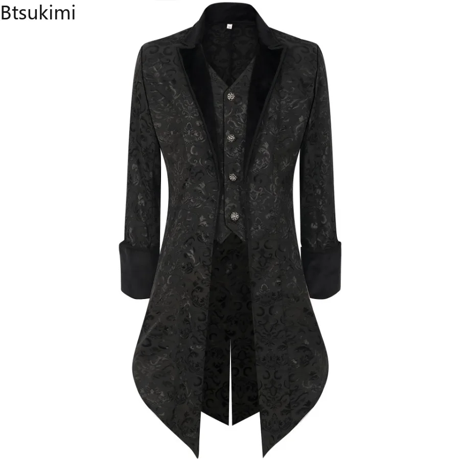 2026 Fashion Men's Creases Tailcoat Steampunk Retro Tailcoat Jacket, Gothic Victoria Frock Uniform Role Play Wedding Clothing