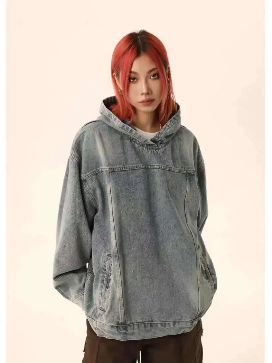 Vintage Washed Hooded Denim Hoodie For Men And Women Autumn American Street Coat Loose Couple Jacket For Men And Women