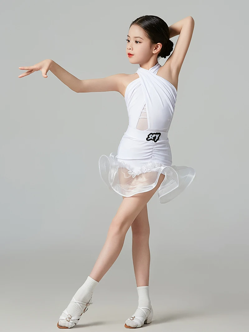 Body de danse latine pour enfants filles, col licou, jupe en arête de poisson en maille, vêtements de danse Rumba, Costumes de compétition pour salle de bal