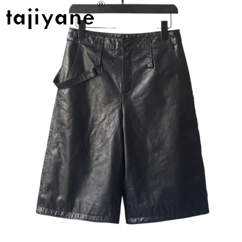 TAJIYANE Top Layer Cowhide Geunine Leather Shorts Straight Wide Leg Women's Shorts Waxed Leather Black Shorts for Woman Chic 반바지