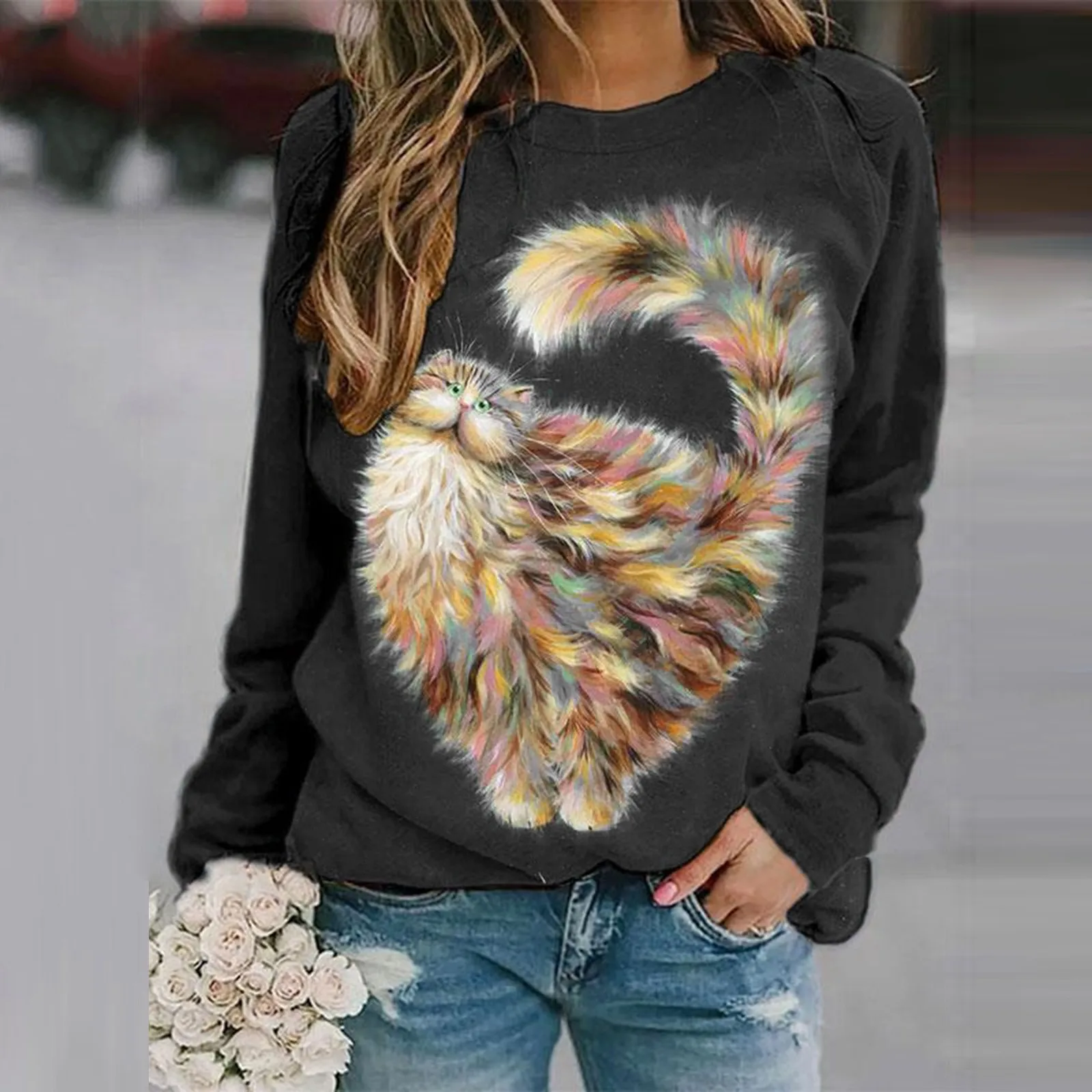 

Women's Autumn Winter Round Neck Long Sleeve Casual Loose Ladies Tops Rainbow Cat Print Aesthetic Sweatshirt