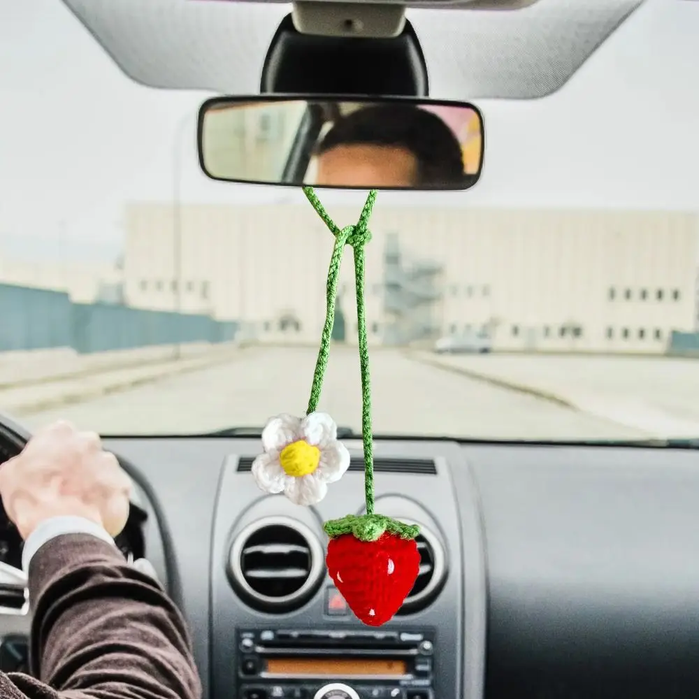 Knitted Lanyard Daisy Home Auto Accessories Car Interior Decoration Rearview Mirror Hanging Ornament Strawberry Pendant