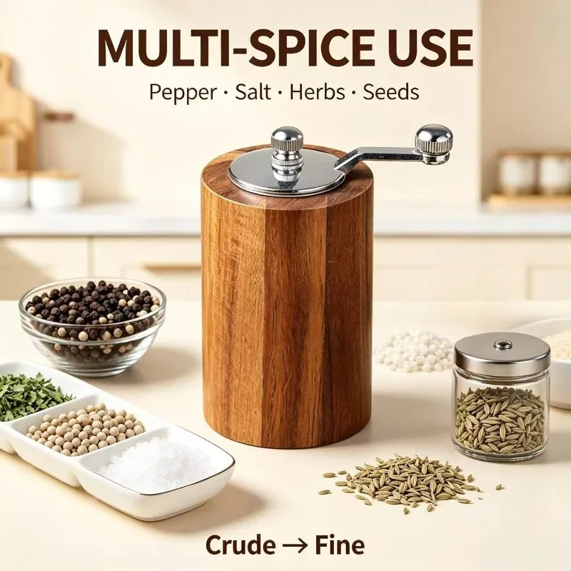 Manual Pepper Grinder,Wood Pepper Mill ,Refillable Spice Grinder for Black Peppercorns, White Pepper, Sesame and Salt