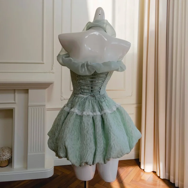 French Style Vestidos Mint Green Sweet Jacquard Bow Suspender Tube Top Neck Dress Off Shoulder Slim Fit Sexy Temperament Dresses