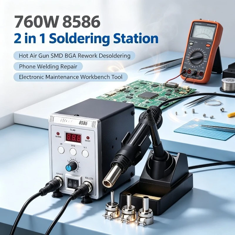 760W 8586 2 in 1 Hot Air Soldering Station, SMD BGA Rework Desoldering Station with Heat Gun for Phone Welding Repair