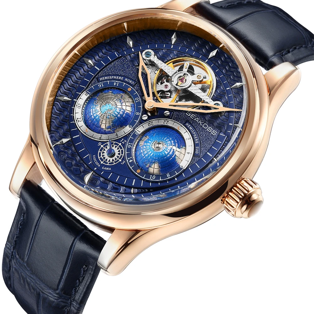 SEAKOSS Luxe dubbele aarde roterende mechanische herenhorloge Automatisch uurwerk Waterdichte klok Piloten Heren 1963 vliegwielhorloges