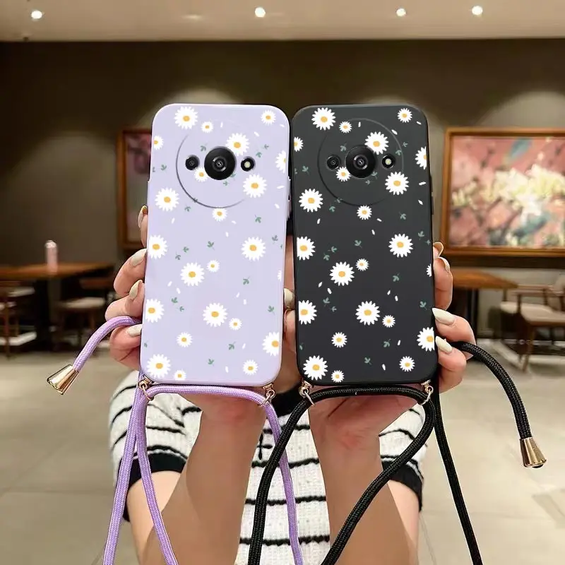 A3 Deciduous Daisies Lanyard New Silicone Phone Case For Xiaomi Redmi A3 Shatterproof Camera Protection Redmi A3 Soft Back Cover