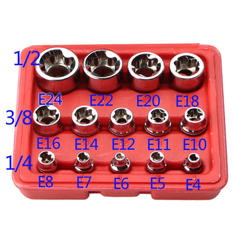 Female E Star Torx Socket Set 14PCS E4 E24 External Hex Sockets for Auto Repair Mechanics Durable Versatile Hand Tool Kit