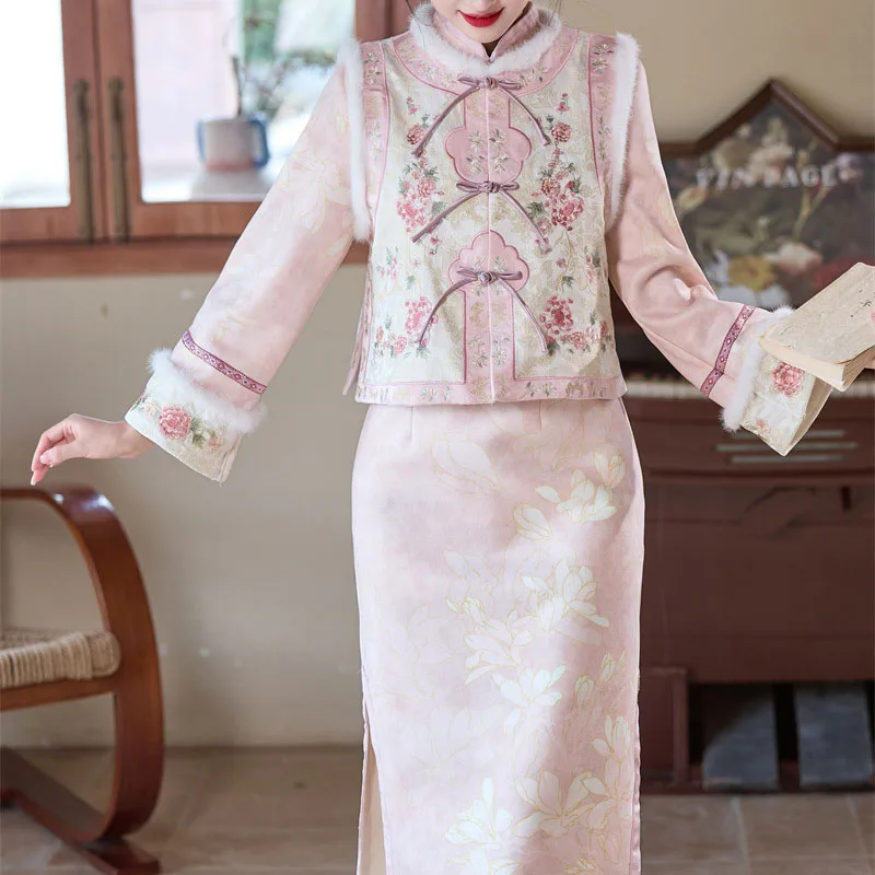 

Suede Velvet Chesongam Pink Princess Chinese Style Dress Women Long Qipao Sleeveless Vest Top Spring Festival Hanfu Costume