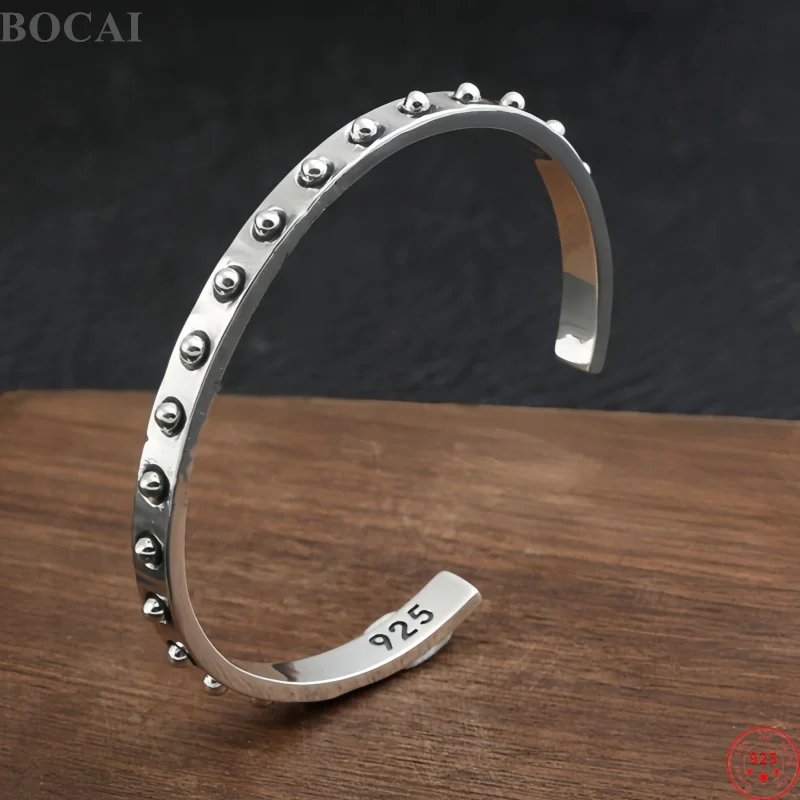 BOCAI New S925 Sterling Silver Charms Bracelet for Men Antique Relief Rivet Pattern Fashion Punk Bangle Fine Choice Jewelry