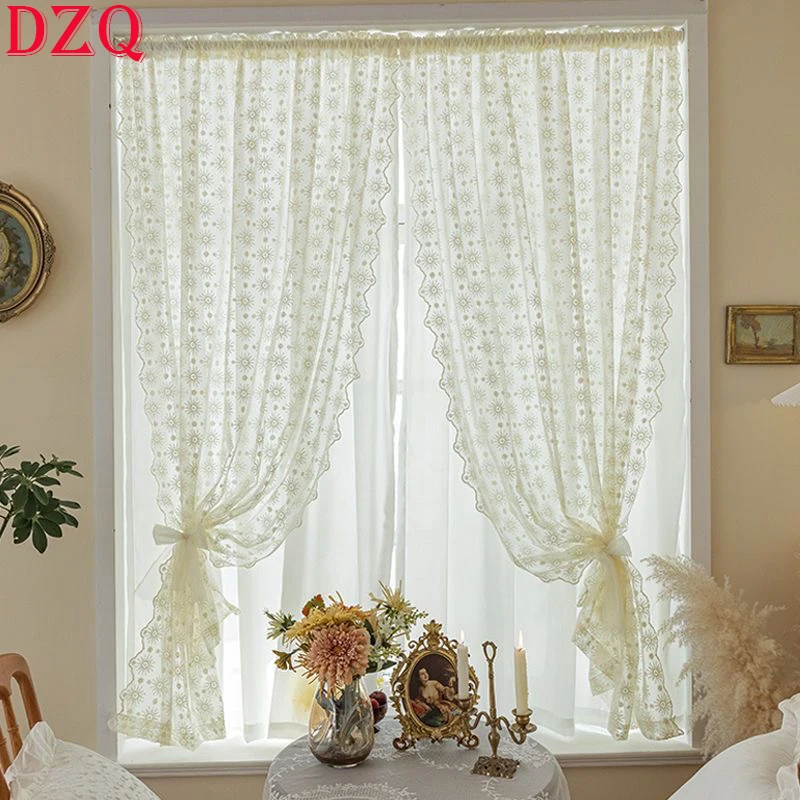 French Idyllic Double-layer White Lace Tulle Curtains Living Room Embroidery Flowers Curtains for Kitchen #A354