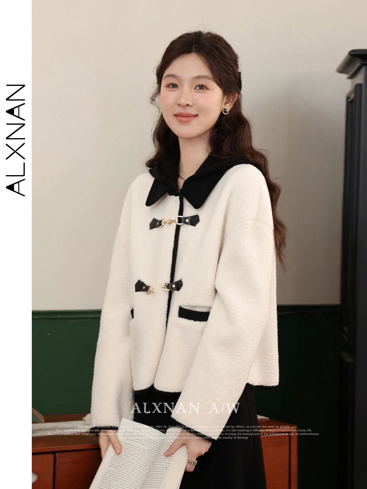 

ALXNAN Women's Woolen Jacket Spliced Lapel Collar Single Breasted Chic Metal Buttons Fall Winter Straight Cropped Coat LXN32516